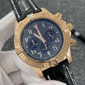 Luxe Heren Horloge Zwarte Wijzerplaat Japan Super Quartz Chronograaf 45mm Avenger Hurricane SEA Lederen Band 1884 Geel Goud Stalen Kast W265W