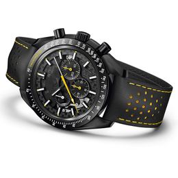 Reloj para hombre de lujo Diseñador Movimiento de cuarzo Cronógrafo Función de cronómetro Dial negro Correa de cuero de acero inoxidable resistente al agua Relojes de pulsera masculinos