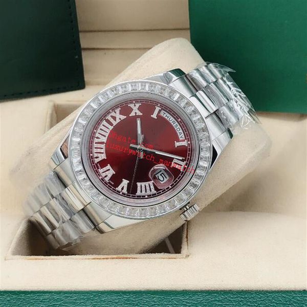 Luxury Mens Watches 41mm Diamond Bezel Roman Numeral Red Calal