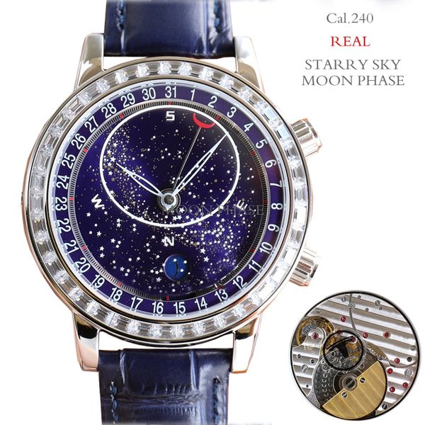 Relojes de lujo para hombre reloj con cara de cielo estrellado de diamantes 44 mm 11 mm Cal.240 Perla movimiento automático mecánico ultrafino zafiro luminoso correa de cuero genuino Sync