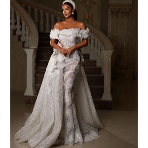 Robes de soirée de sirène de luxe Bateau hors épaule 3D dentelle fleurs volants paillettes appliques détachable train dos nu célébrité robe de bal grande taille personnalisé