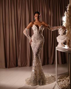 Robe de soirée sirène de luxe, manches longues, col en V, paillettes appliquées, longueur au sol, dentelle 3D, diamants, pompon perlé, robe de bal formelle, grande taille, robe de soirée