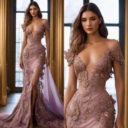 Robes De soirée sirène De luxe avec appliques en dentelle 3D côté fourche haute robes balayage Train Robe De soirée Robe De soirée sur mesure L240108