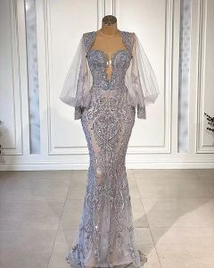 Luxe zeemeermin kanten avondjurken kralen met lange mouwen prom -jurk appliqued formele feestjurken optocht slijtage op maat gemaakte vestido de novia