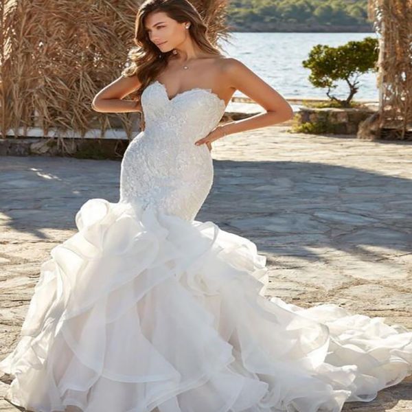 Vestido de novia de encaje de sirena de lujo con volantes cariño Organza de talla grande vestidos de novia de playa 2022 perlas tren de barrido mujeres país novia Vestido De Noiva