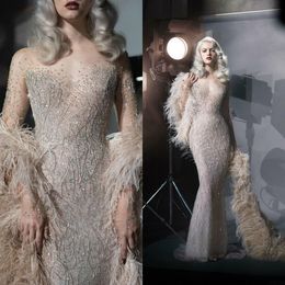 Luxe sirène robes de bal 2021 robe de soirée pure cou Illusion à manches longues perles majeures paillettes fête formelle Wear259Z