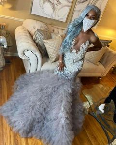 Robe De bal De forme sirène De luxe pour femmes, tenue De soirée longue, à volants et perles, grise, appliquée, 2023