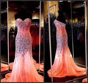 Luxe zeemeermin prom optochtjurk met lieverd mouwloze sweep trein mousserende kristallen kralen tule formele avondjurken2908552