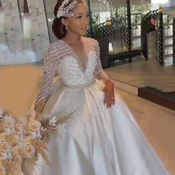 Luxe Sirène Col En V Robe De Mariée 2023 Train Détachable Dos Nu Perles Cristal Illusion Manches Robe De Mariée Robes De Novia Africain