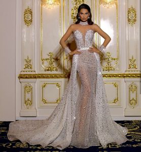 Robe De mariée sirène De luxe, col haut transparent, manches longues, paillettes perlées, arabe dubaï, 2023
