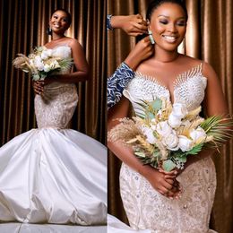 Vestido de novia de sirena de lujo para novia, tallas grandes, cuello transparente, apliques de satén, vestidos de novia de encaje de tul con gradas para matrimonio para mujeres negras de Nigeria NW013
