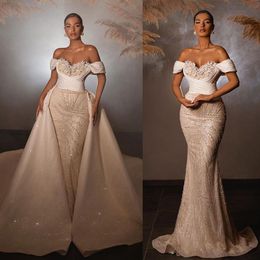 Robe De mariée sirène De luxe, épaules dénudées, paillettes scintillantes, avec traîne détachable, robes De bal appliquées pour femmes
