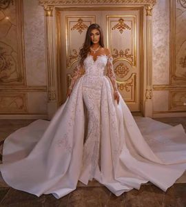 Robe De mariée De luxe sirène avec jupe détachable appliquée trompette arabe robes De mariée manches longues Robe De bohème