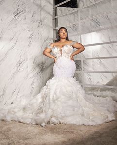 Robe de mariée sirène de luxe avec train à volants Afrique du Sud Appliques en dentelle cristaux perlés, plus la taille robes de mariée sur mesure arabe Aso Ebi