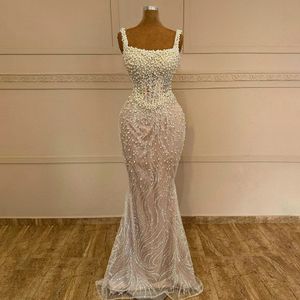 Luxe zeemeermin trouwjurken 2024 Spaghetti band parels kralen pailletten vloer lengte bruids formele jurken vestidos de noiva aangepast