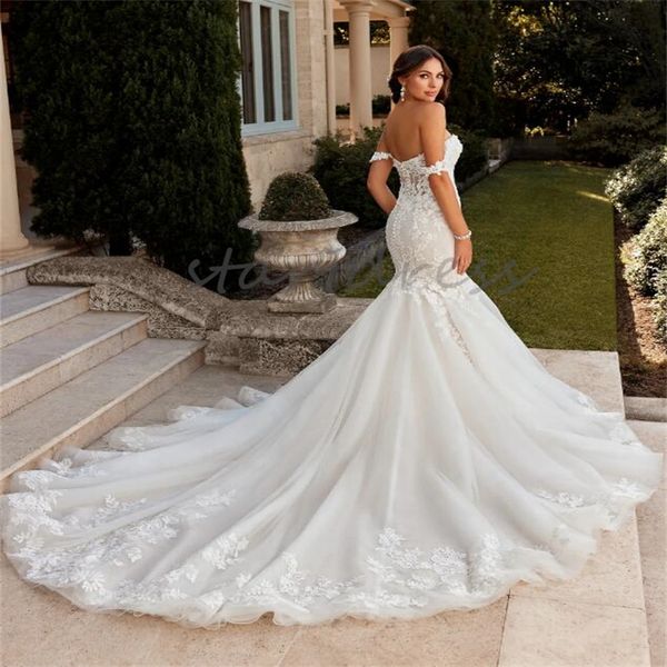 Vestidos de novia de sirena de lujo Elegantes con hombros descubiertos Apliques Tren largo Fotografía de jardín Vestidos de novia Princesa de encaje Robe De Mariage 2024 Sweetheart Fishtail