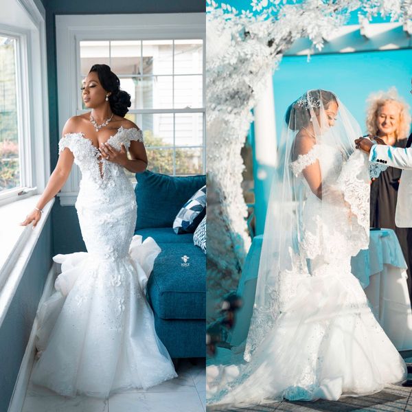 Robes de mariée sirène de luxe Appliques florales hors de l'épaule robe d'invité de mariage