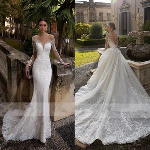 Luxe Mermaid Trouwjurken Lange Mouwen strand Kant applique Kralen afneembare trein Bruiloft Bruidsjurken Vestido De Novia219W