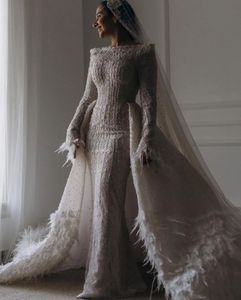 Robes de mariée sirène de luxe manches longues col haut 3D dentelle perlée paillettes appliques plume détachable train robes de mariée grande taille robe de mariée personnalisée