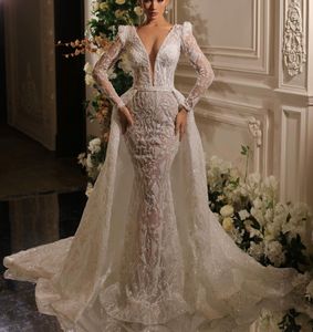 Luxe zeemeermin trouwjurken lange mouwen lange mouwen diep v nek kanten applices pailletten kralen vloer lengte afneembare trein plus maat elegante bruidsjurken abiti da sposa