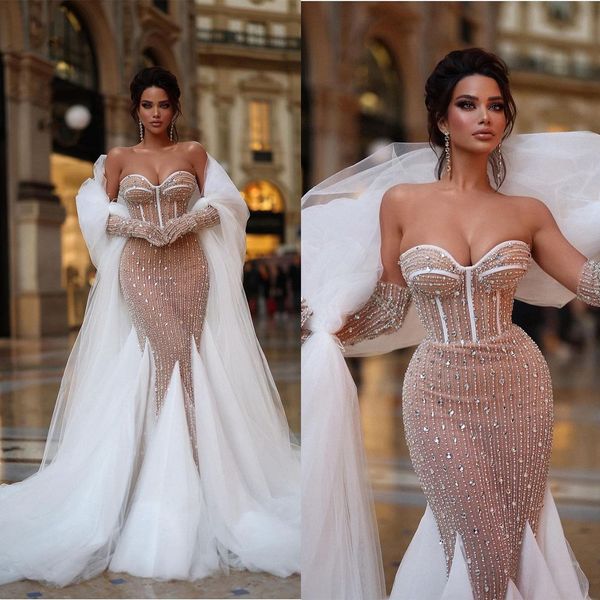 Robes de mariée sirène de luxe manches longues col en V dentelle 3D diamants perlés paillettes appliques robes formelles capes robes de mariée grande taille robe de mariée personnalisée