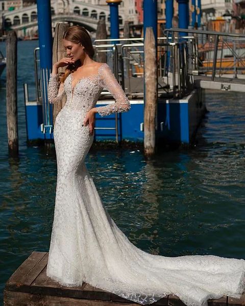 Luxury Mermaid Wedding Gown Mopping Bridal Bling Sequins Sweet Train Ilusión 2024 Vestidos personalizables Robe de Mariee