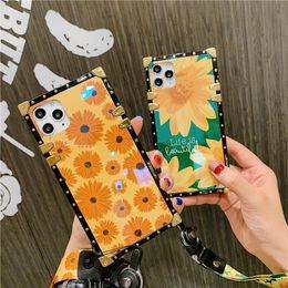 Luxe Metal Blue Ray Flower Phone Cases voor iPhone 13 Pro Max Peony Rose Square Lanyard Crystal Holder IP12 Mini 11 7 8 6S Plus X XR XSMAX TPU Soft Cover