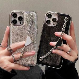 Luxe metalen kettingbanden Telefoonhoesjes voor iPhone 13 Pro Max I 14 11 14Promax 13 14Pro 12 Fashion Designer Crack Leather Mobile Case Women Back Cover Gifts