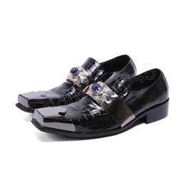 Zapatos de cuero formales de lujo con abalorio de Metal para hombre, zapatos de vestir de fiesta con punta cuadrada a la moda, zapatos negros de oficina para hombre
