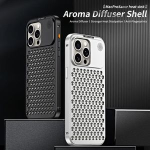 Étui de téléphone de refroidissement en métal de luxe pour Samsung iPhone 13 12 14 15 Pro Max Plus parfum sans monture creux en aluminium Dissipation thermique couverture antichoc téléphone d'aromathérapie