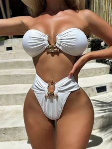 Luxe metalen ontwerper High Taille Bikini's Sets Women Solid White Black Bandeau Push Up Swimwear Bathing Suit Thong Swimsuit 240508