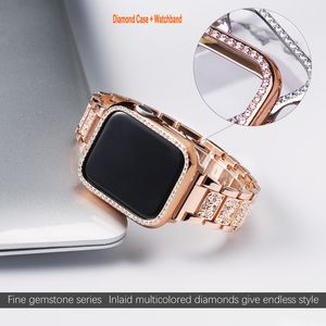 Estuches de lujo de metal con diamantes delgados y brillos para Apple Watch Band 45 mm 38 mm 40 mm 42 mm 44 mm iwatch Series 7 6 5 4 3 2 1 Band Mujeres Bling Womens Rose Gold Cute watchBands