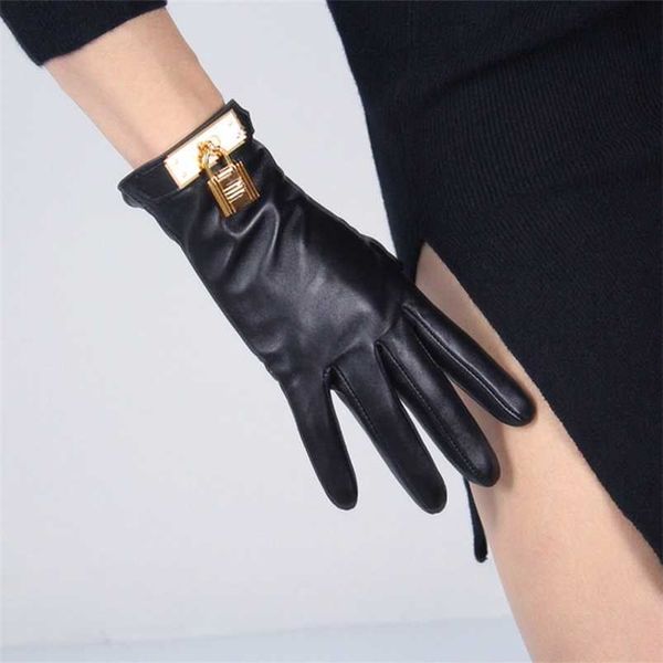 Guantes de pantalla táctil de piel de oveja con cierre de Metal de lujo para mujer, guantes de invierno cálidos con forro de terciopelo, guantes de cuero genuino, guante negro para mujer