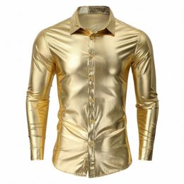 Luxe Métallique Or Brillant Hommes Dr Chemises Rétro 70's Disco Discothèque Prom Vêtements Tendance Banquet Mariage Chemise Homme P47l #