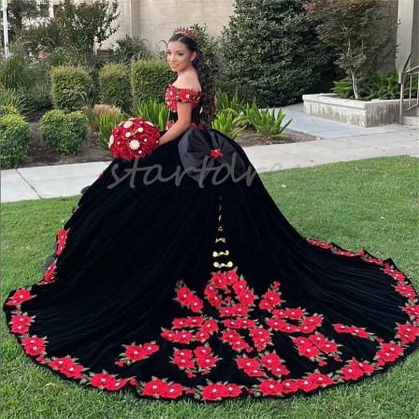 Luxe Mexicain Charro Noir Rouge Quinceanera Robes 2024 Vestio XV Fleur Débutante Douce 16 Robe Perlée Organza Seize Robe D'anniversaire Fatiguée Robe De 15 Anos Para