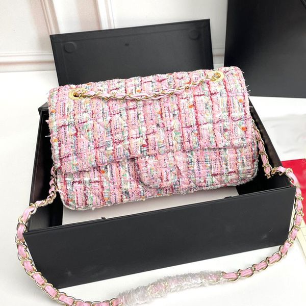 Mini bolso cruzado de tweed de lujo Diseñador Ling Ge Tejido Pequeño estilo fragante Bolso de hombro de mano Bolso hobo de cadena rosa de alto grado Bolso para mujer Bolso cuadrado pequeño