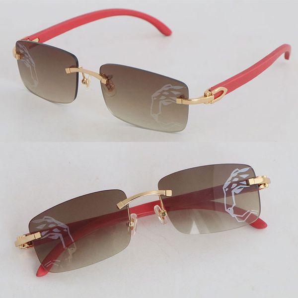 Modèle de luxe lentille miroir lunettes de soleil sans monture femmes bois rouge 8200757 or métal argent femme grandes lunettes carrées unisexe lunettes de soleil en bois nouvelle taille 58