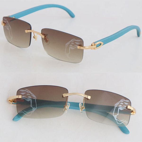 Modèle de luxe lentille miroir lunettes de soleil sans monture femmes bois bleu 8200757 or métal argent femme grandes lunettes carrées unisexe lunettes de soleil en bois nouvelle taille 58