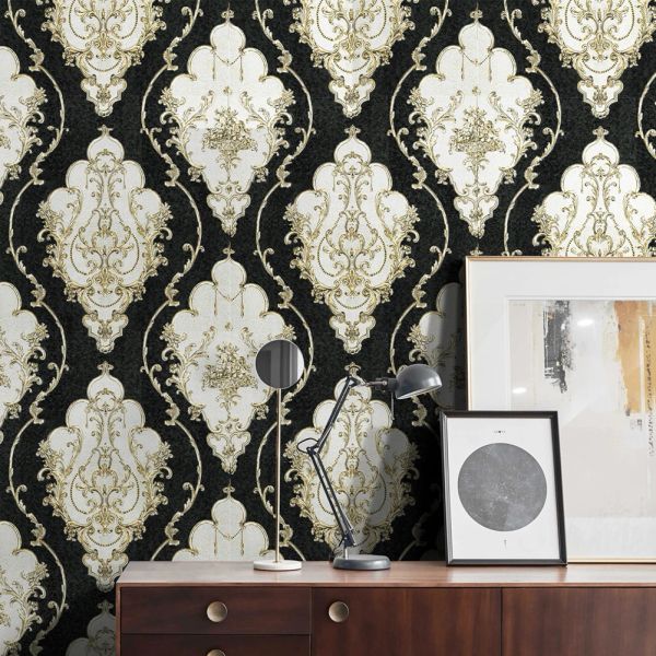 Luxury moderno metálico 3D Damask Damask Vinyl Papel de pantalla impermeable Papel de pared Sala de estar de oro