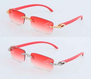 Luxury Moissanite Diamond Rimless Sunglasses For Women Original Red Wood Men Leopard Lens Détachable Eyewear Large Rouge en bois rouge Glas1696534