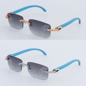 Lunettes de soleil de luxe sans monture en diamant Moissanite pour femmes, verres originaux en bois pour hommes, lunettes détachables, grandes lunettes de mode en bois bleu, taille pour hommes 58-18-140mm