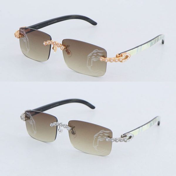 Lunettes de soleil de luxe sans monture en diamant Moissanite pour femmes 8200757 Original blanc à l'intérieur noir corne de buffle hommes lunettes de lentilles grosses pierres grandes lunettes hommes