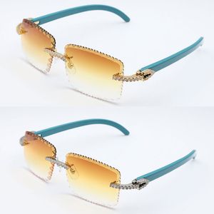 Luxe Moissanite Diamond Set Lunettes de soleil en bois bleu sans monture 8200757 Hommes Grosses Pierres Diamant Original Bois Lunettes Bleu Femmes Designer Diamant Coupe Lentille