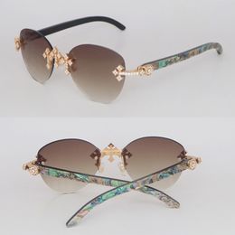 Lunettes de soleil sans monture de luxe Moissanite Diamond Set Womans Big Stones Lunettes de soleil en diamant Mélange de coquillages colorés originaux Corne de buffle Hommes Femmes Lunettes de soleil Lentille ronde