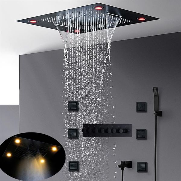 Ensemble de douche noir mat de luxe le plus complet, plafond dissimulé, grand pommeau de douche à effet de pluie LED, cascade, bain thermostatique brumeux Syste264I