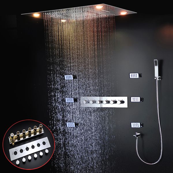 Funciones múltiples de lujo 600 * 800 mm Grifos de ducha grandes Sistema de ducha LED para baño Panel de cabezal de ducha tipo lluvia en cascada con juego de rociadores para chorros corporales