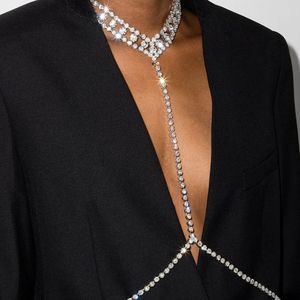 Luxe multicouche strass corps taille chaîne collier corps bijoux pour femmes discothèque cristal sexy bikini poitrine chaîne 240321