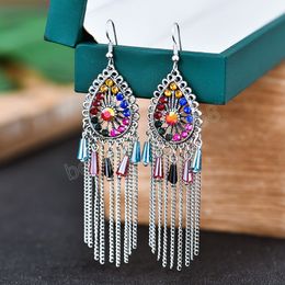 Luxe Multicolor Bohemian Crystal Chain Tassel Drop Oorbellen Voor Vrouwen Waterdrop Bruiloft Bruid Bengelen Oorbellen Mode-sieraden