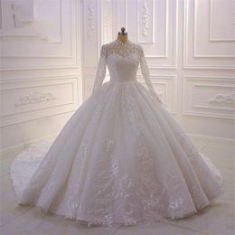 Luxe musulman manches longues robe de bal robes de mariée 2020 col haut dentelle Appliqued perlé grande taille robes de mariée robe de mariee240b