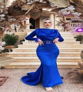 Robe de soirée sirène musulmane de luxe avec surjupe élégante plume bleu royal manches longues robes de bal arabes Dubaï Abayas occasion formelle Robe de soirée fête 2024